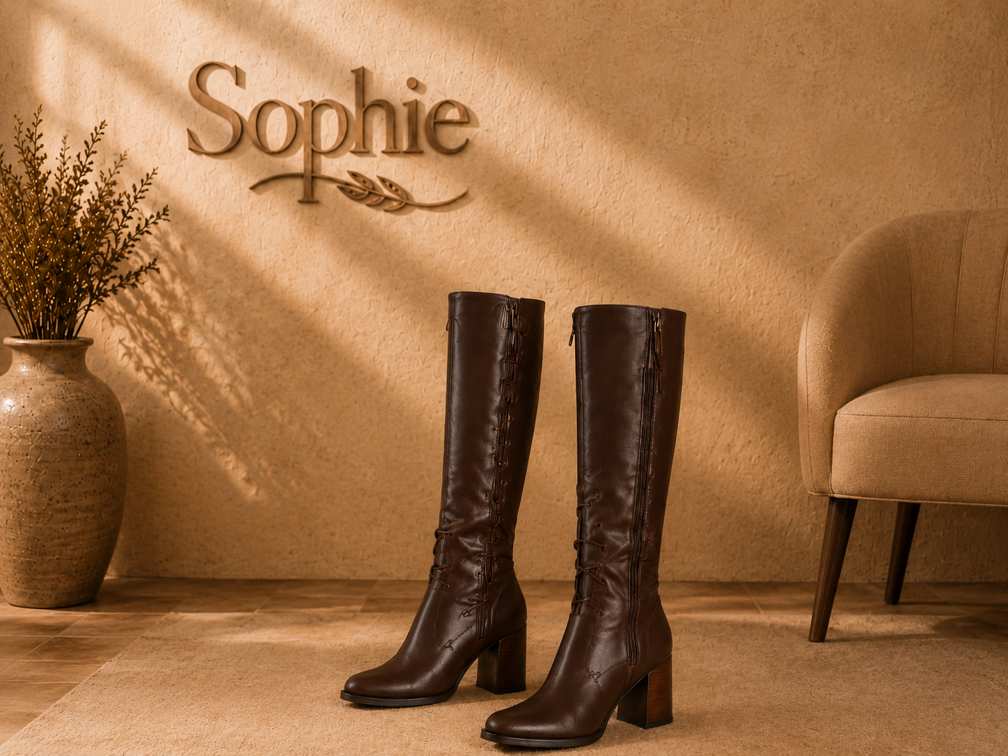 Bota Feminina Sophie Marrom Café com Salto Bloco